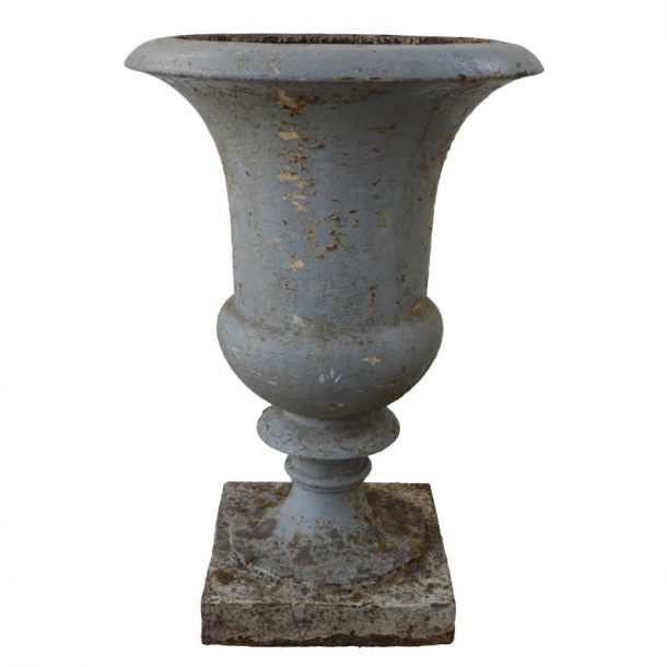 French Cast Iron Medici Urn with Residual Gray Paint Inner Gardens