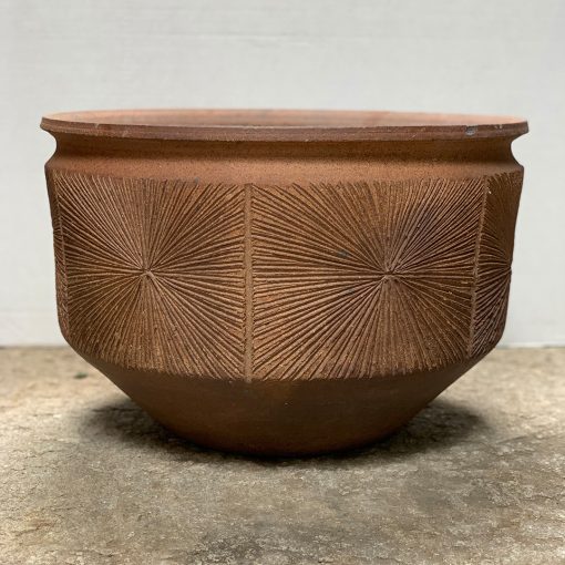 Earthgender mid century pottery planter with sunburst design