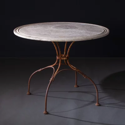 Round French Iron Table with Original Stone Top, C.1920