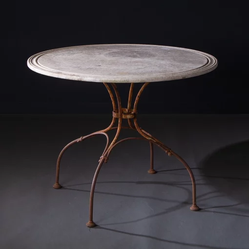 Round French Iron Table with Original Stone Top, C.1920