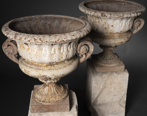Pair of Cast Iron Urns on Stone Plinths - Image 2