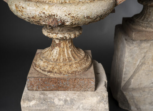 Pair of Cast Iron Urns on Stone Plinths - Image 3